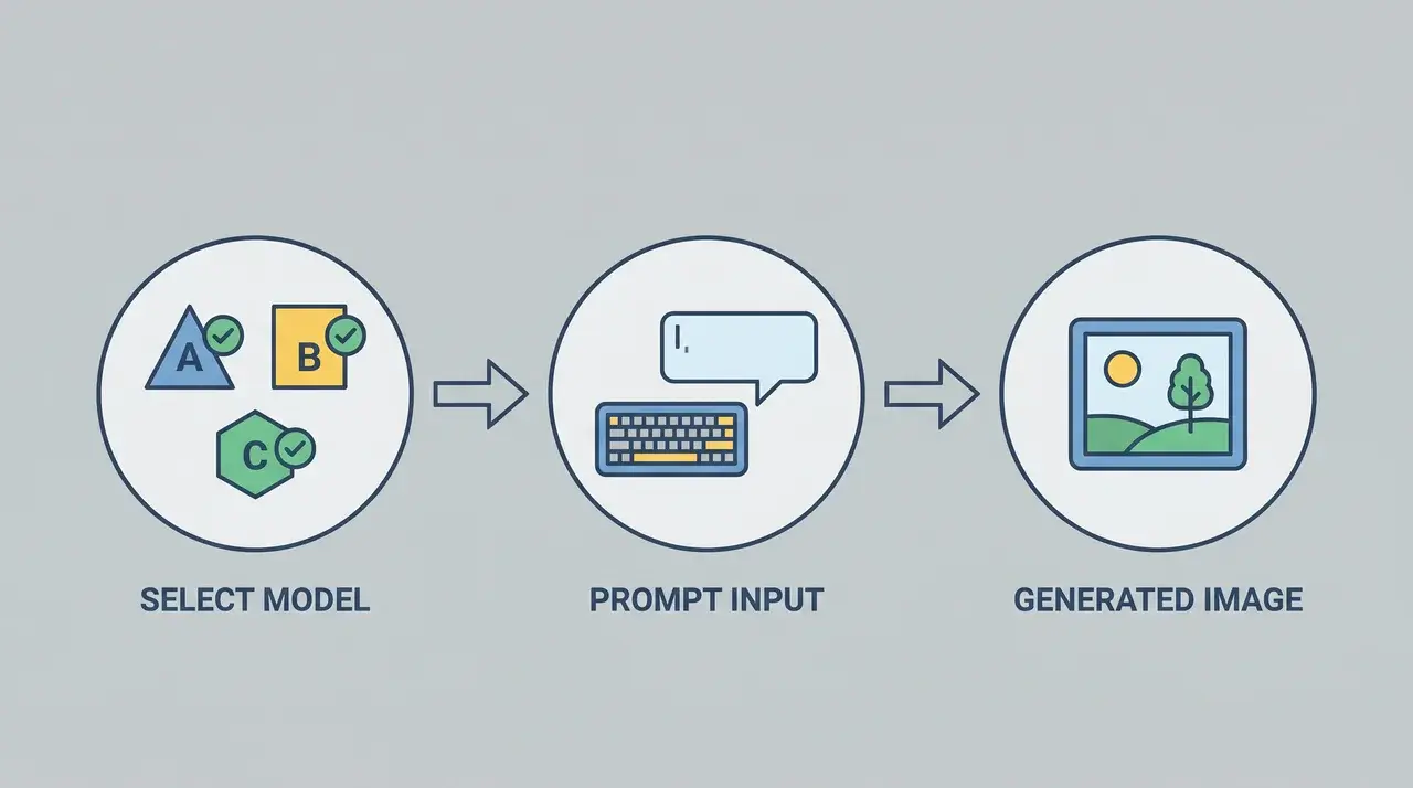 Flat illustration of a three-step flow for AI image generation — model selection, prompt input, image output