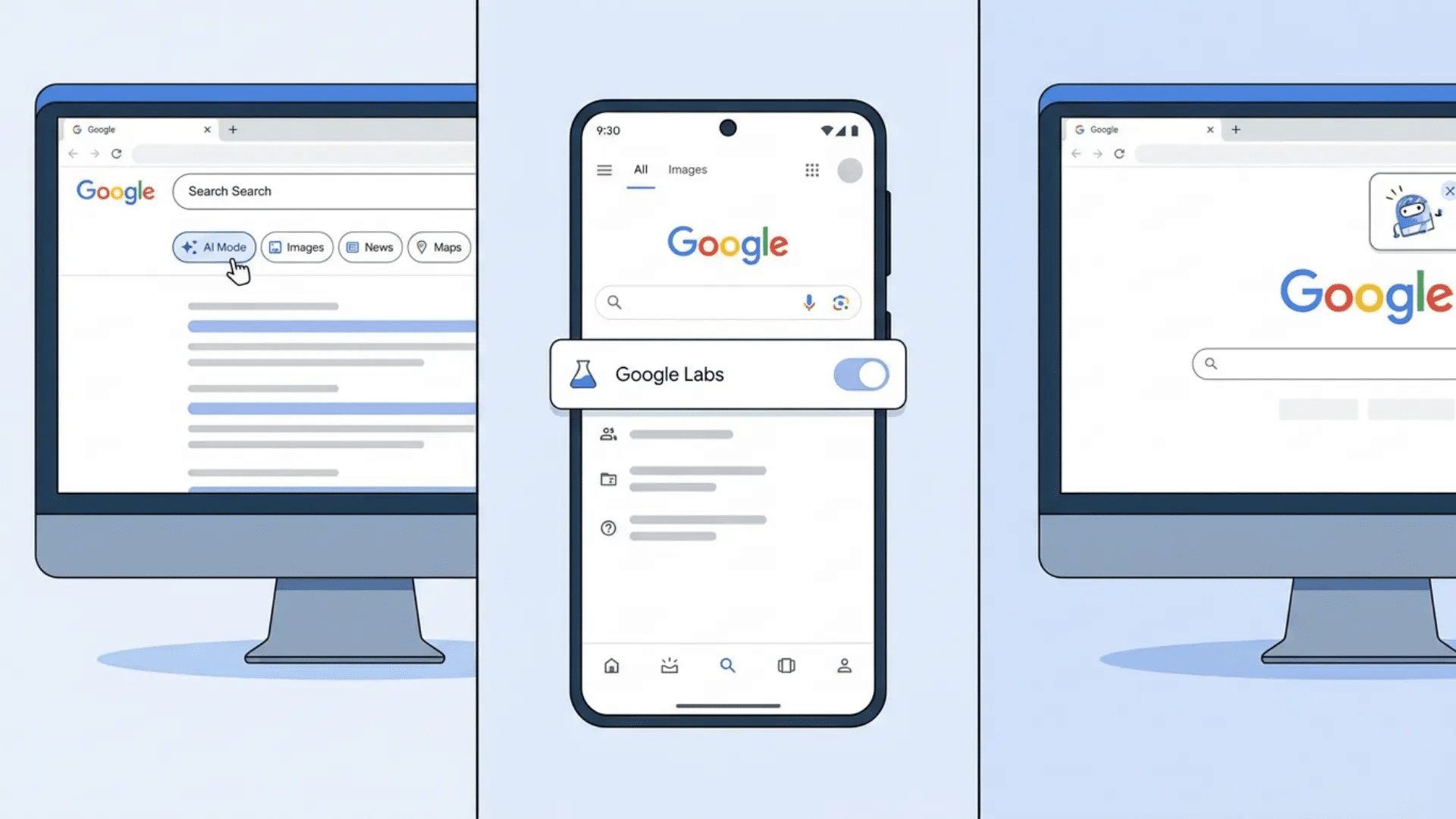 Different ways to access Google AI Mode on desktop and mobile
