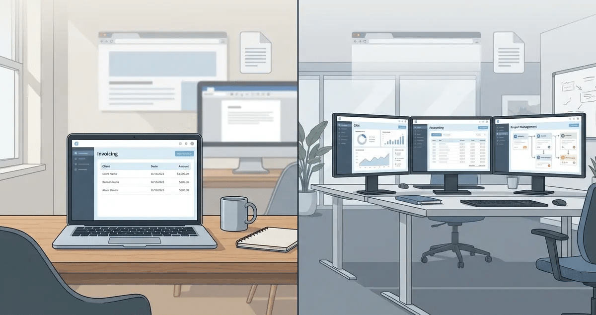 Illustration comparing personal productivity tools with operational business software, showing a freelancer using invoicing software and a company using connected business systems.