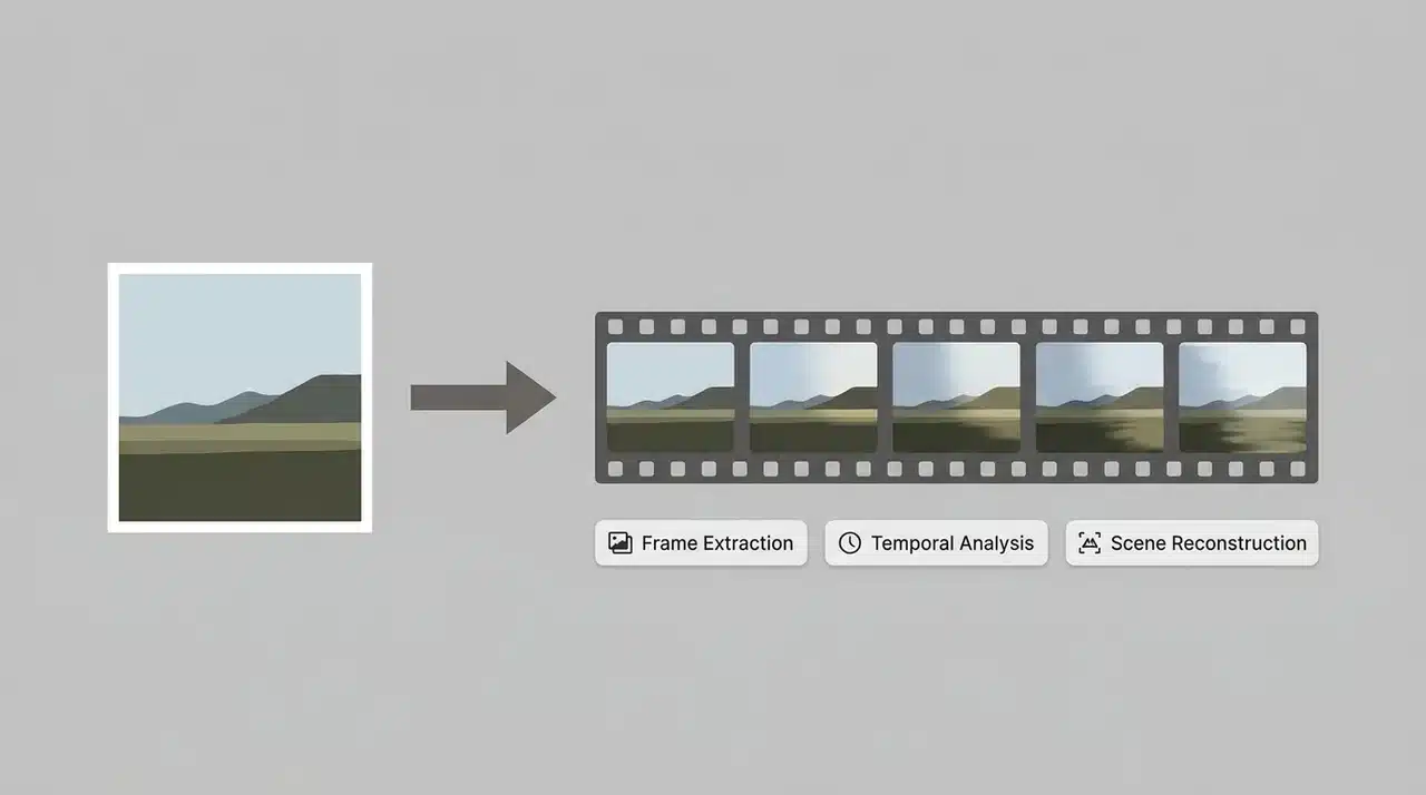 Static image connected by arrow to video timeline strip with three model labels beneath