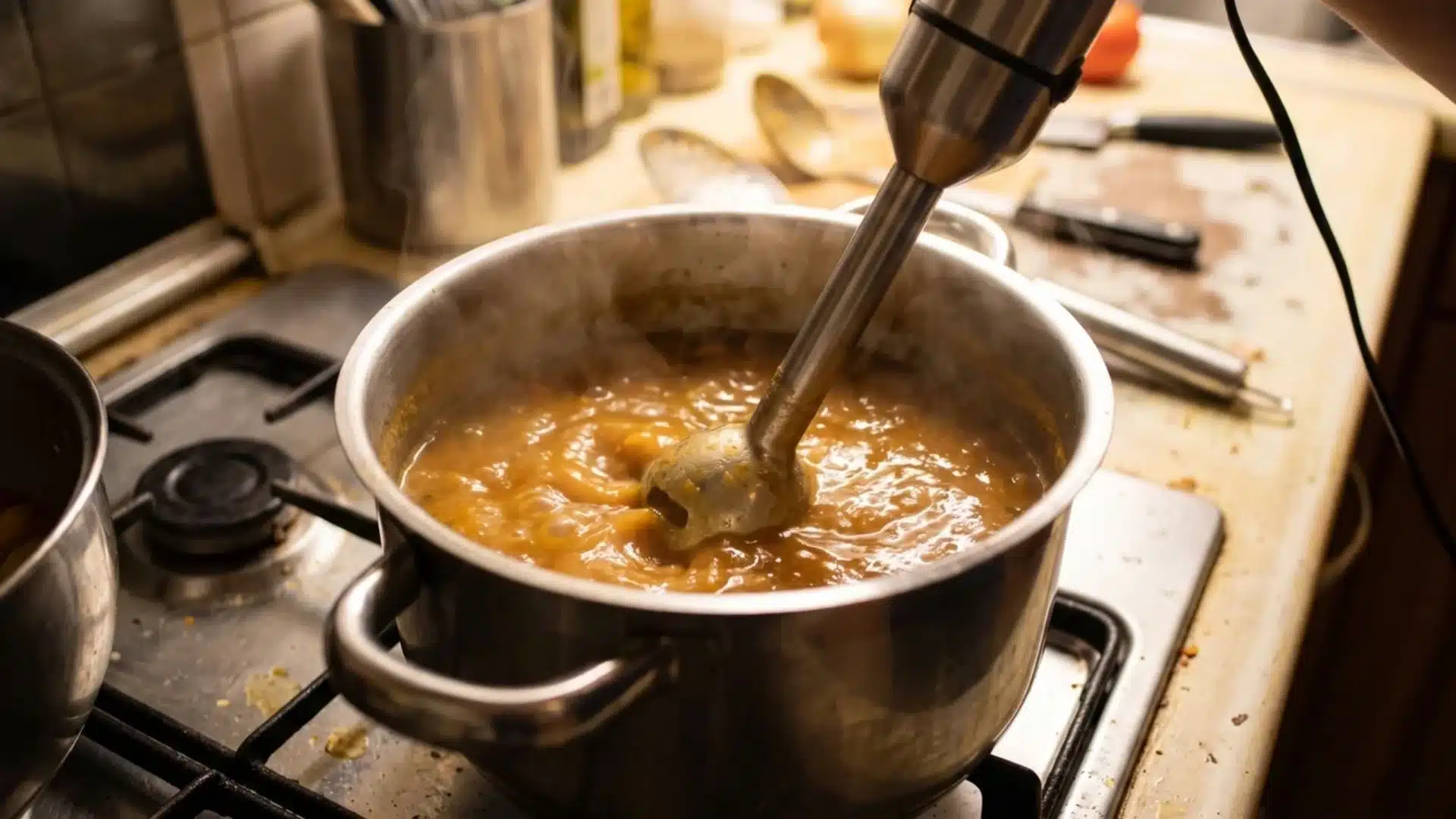immersion blender blending soup in pot