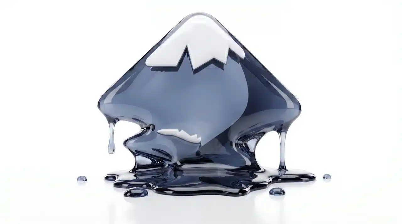 Inkscape app logo depicted as a dark blue diamond-shaped icon with a white mountain design, melting into a liquid puddle on a white background