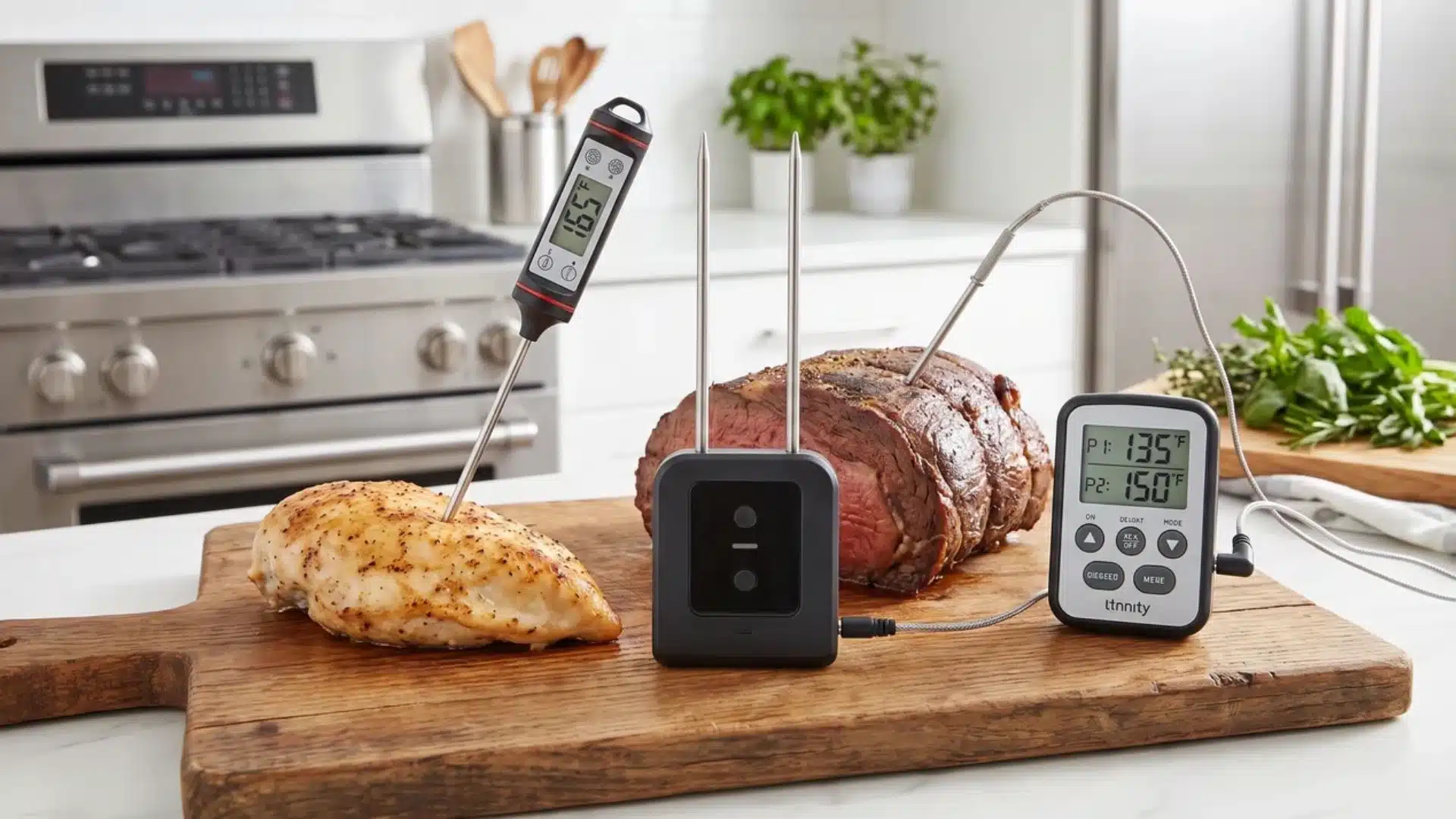 instant read thermometer and wireless probe thermometer shown side by side