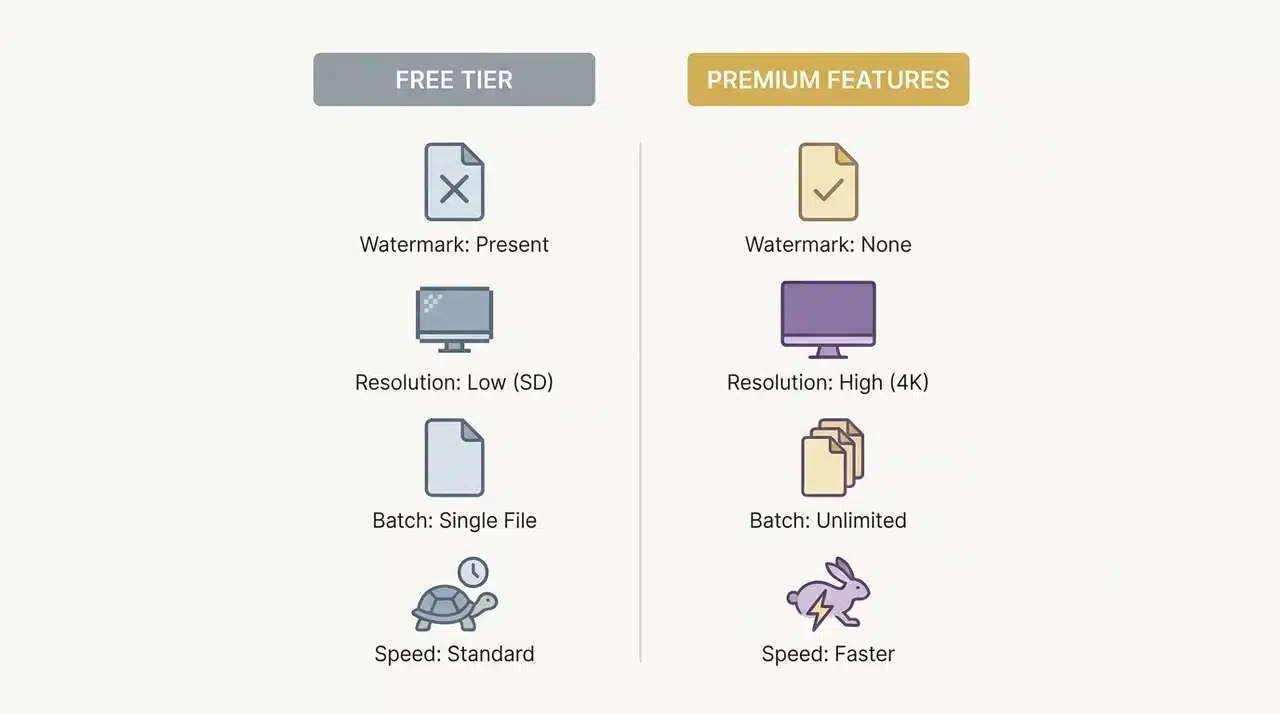 Two-column diagram comparing free tier restrictions and premium features using simple icons