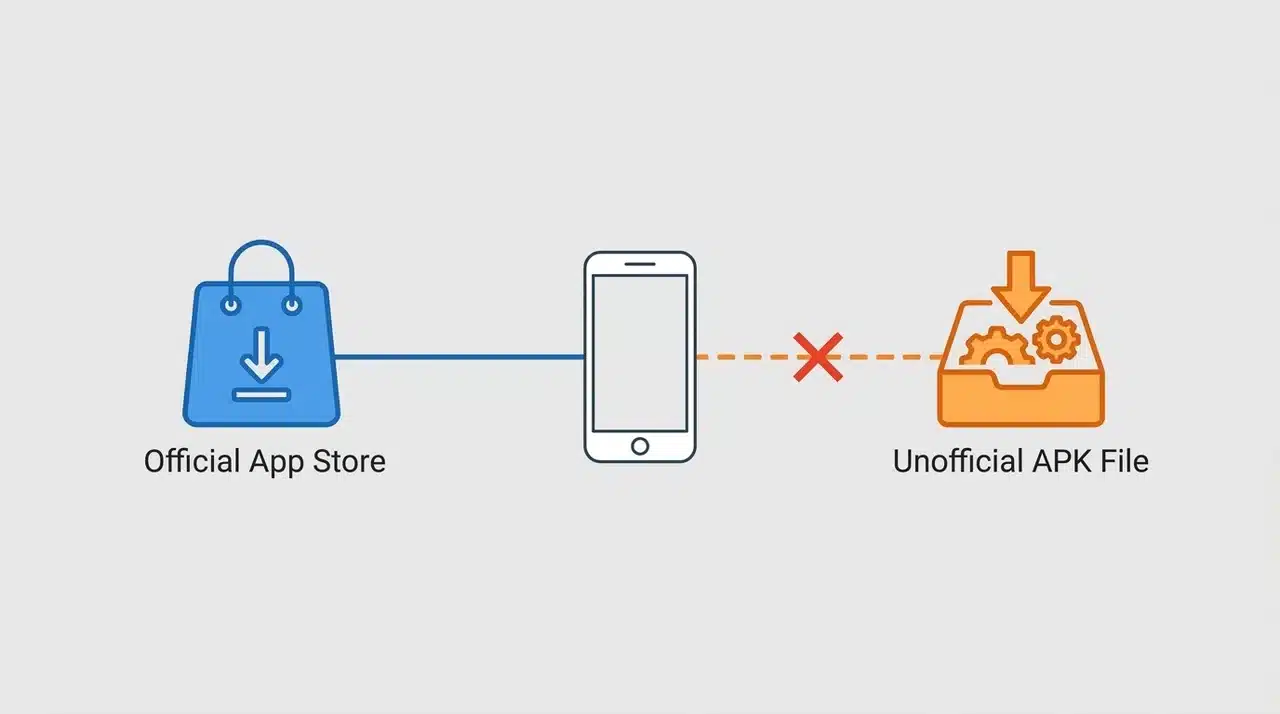 Diagram showing official app store with solid line and unofficial APK file with crossed line