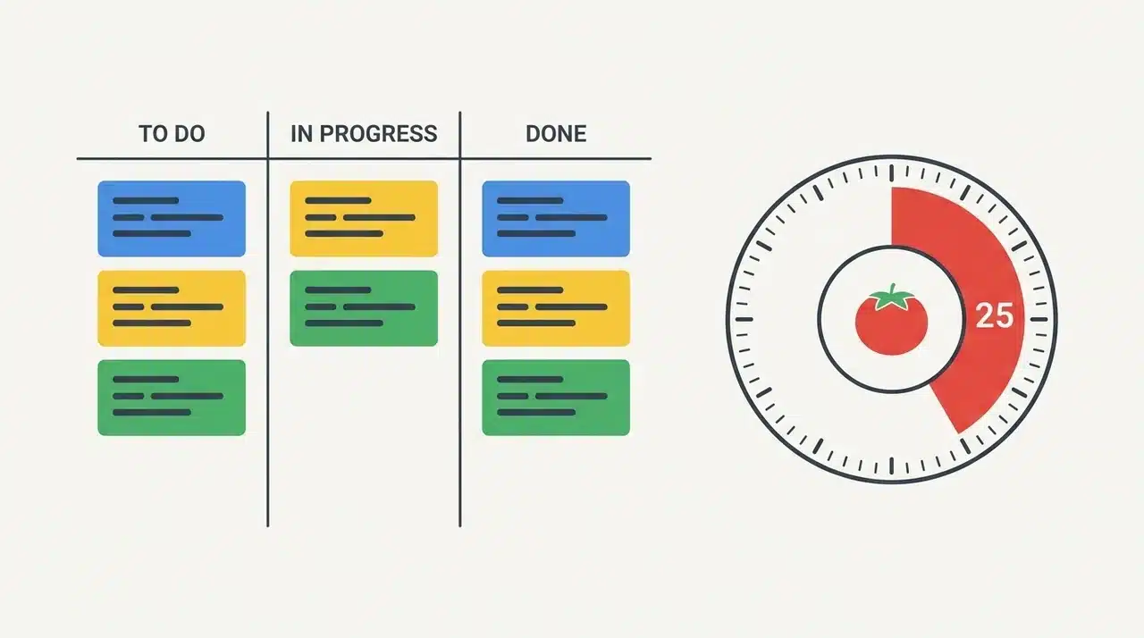 Kanban board with task cards in columns next to a circular timer dial showing an active interval.