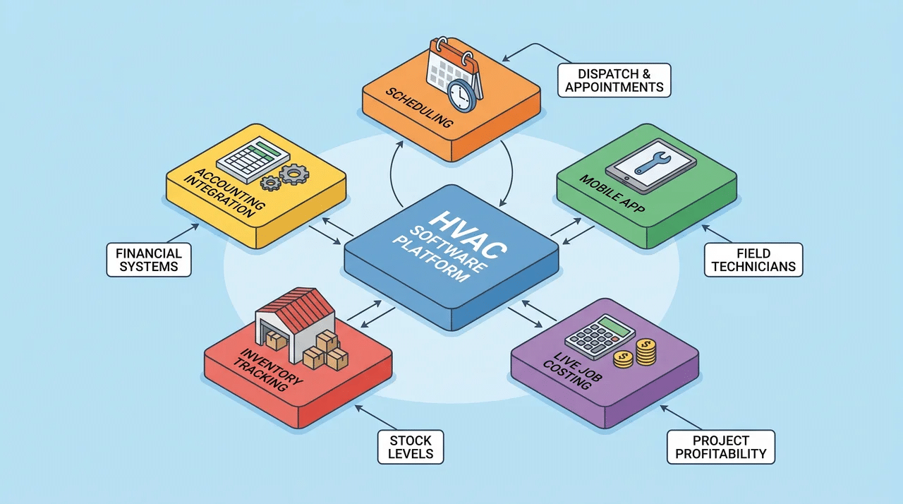 Diagram showing mobile app, job costing, accounting, inventory, and scheduling features for HVAC software