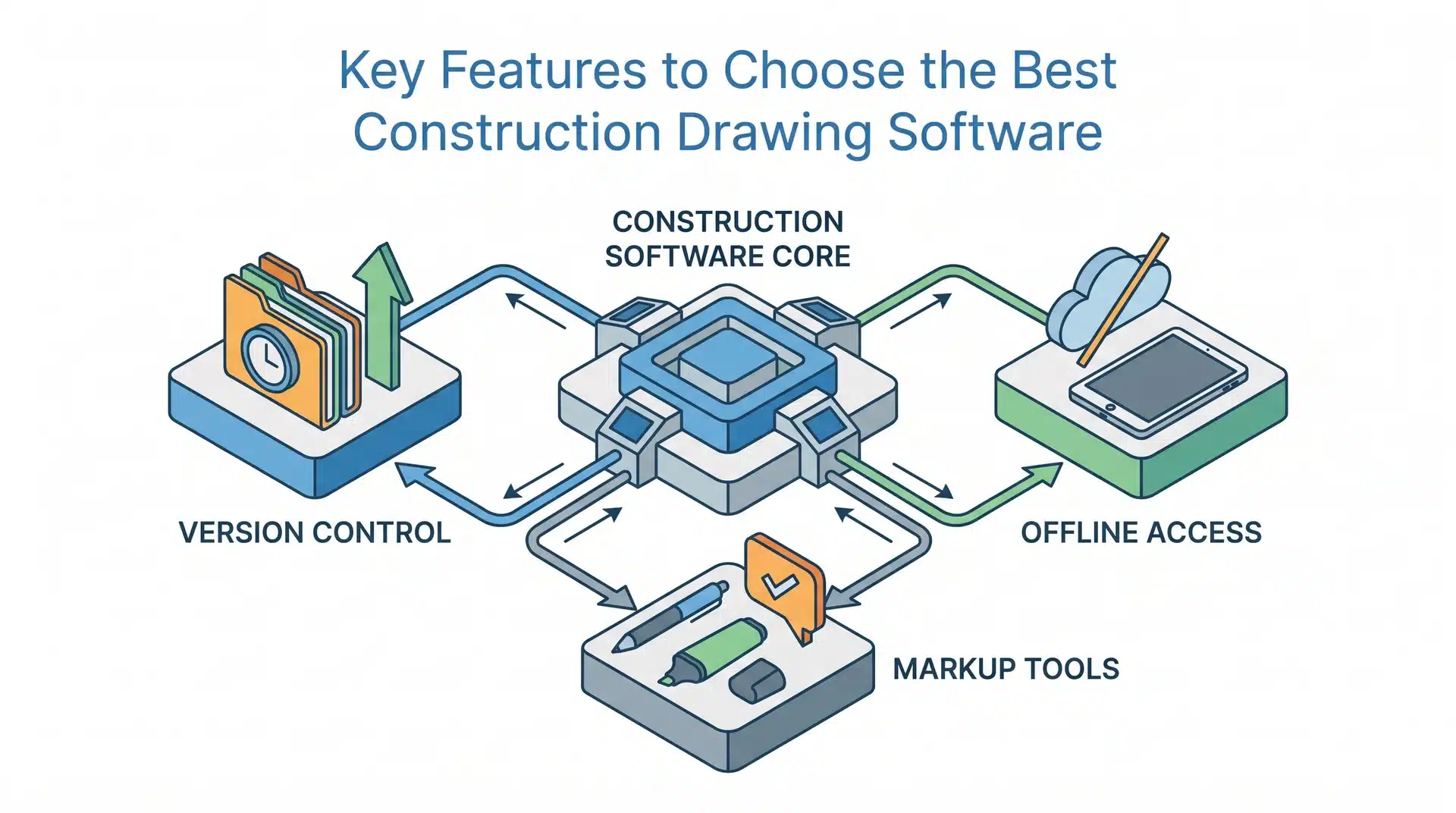 diagram of construction software features showing version control, offline access, and markup tools