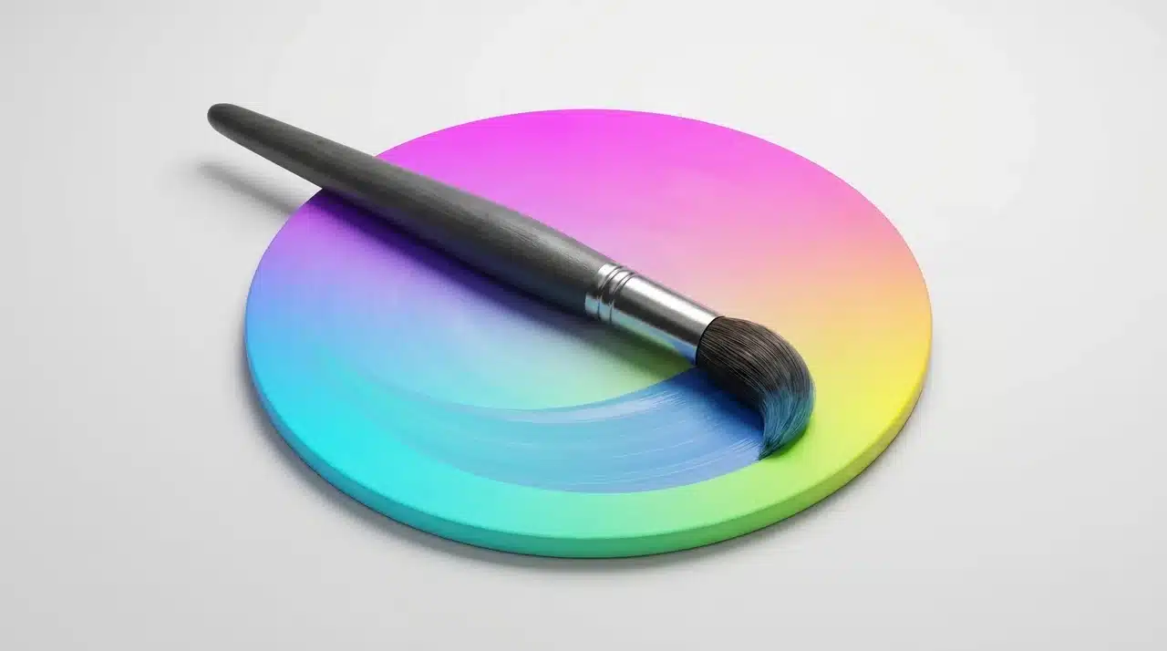 Digital painting canvas showing layered brush strokes with texture variation and a colour wheel panel