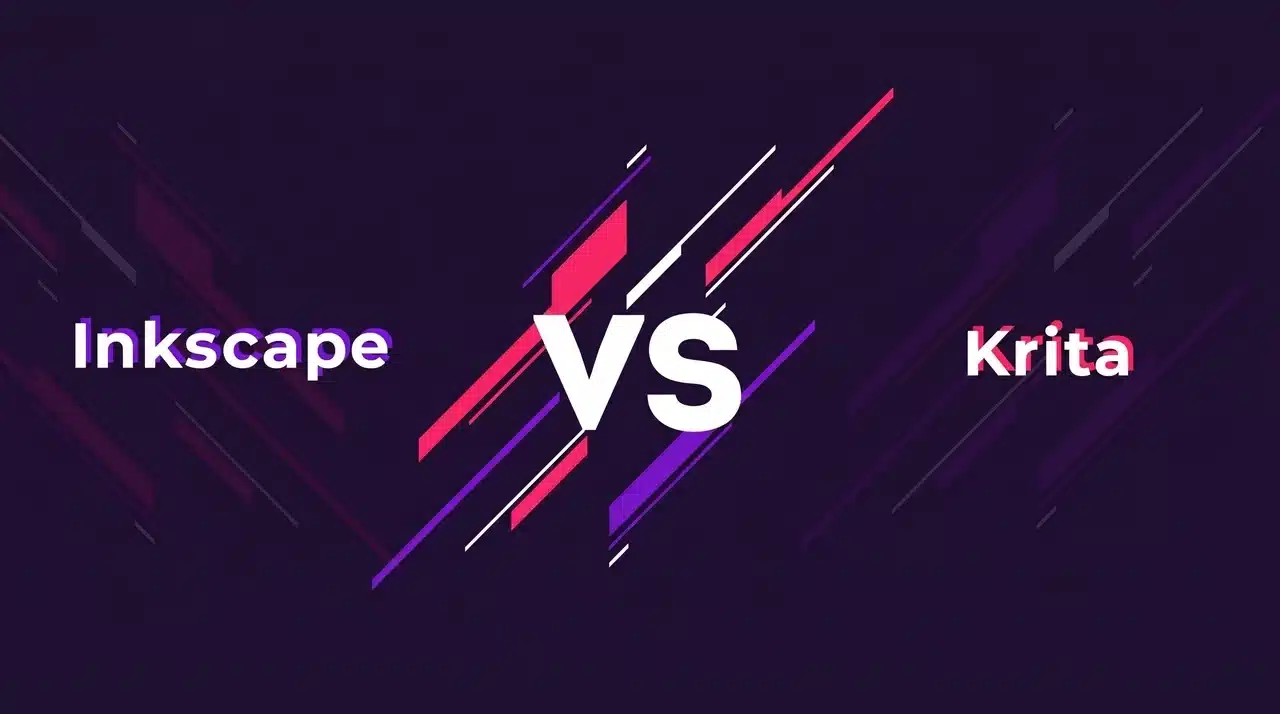 Inkscape vs Krita comparison graphic with both names in white and pink text on a dark purple background with diagonal speed lines and VS in the centre