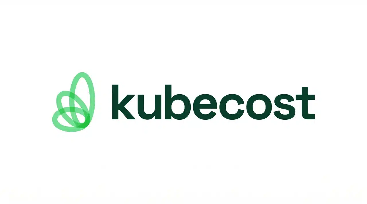 Kubecost logo featuring a light green abstract butterfly or leaf shaped icon made of overlapping curved lines alongside the kubecost wordmark in dark forest green on a white background.