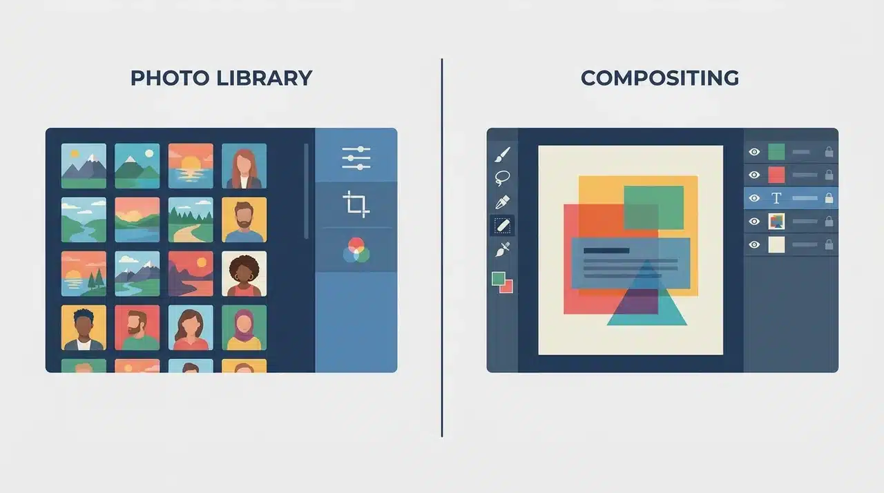 Split diagram of two editing workspaces — photo library layout on left, layered compositing layout on right
