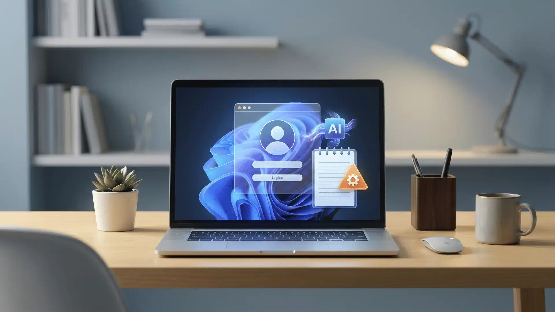 Laptop on desk with AI profile editing concept and warning symbol showing automation risk and safe usage awareness