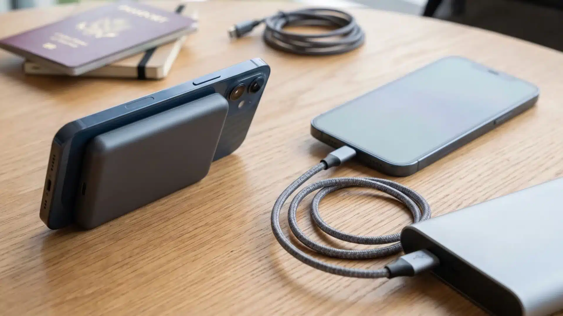 smartphone charging using magnetic power bank and wired USB-C power bank side by side