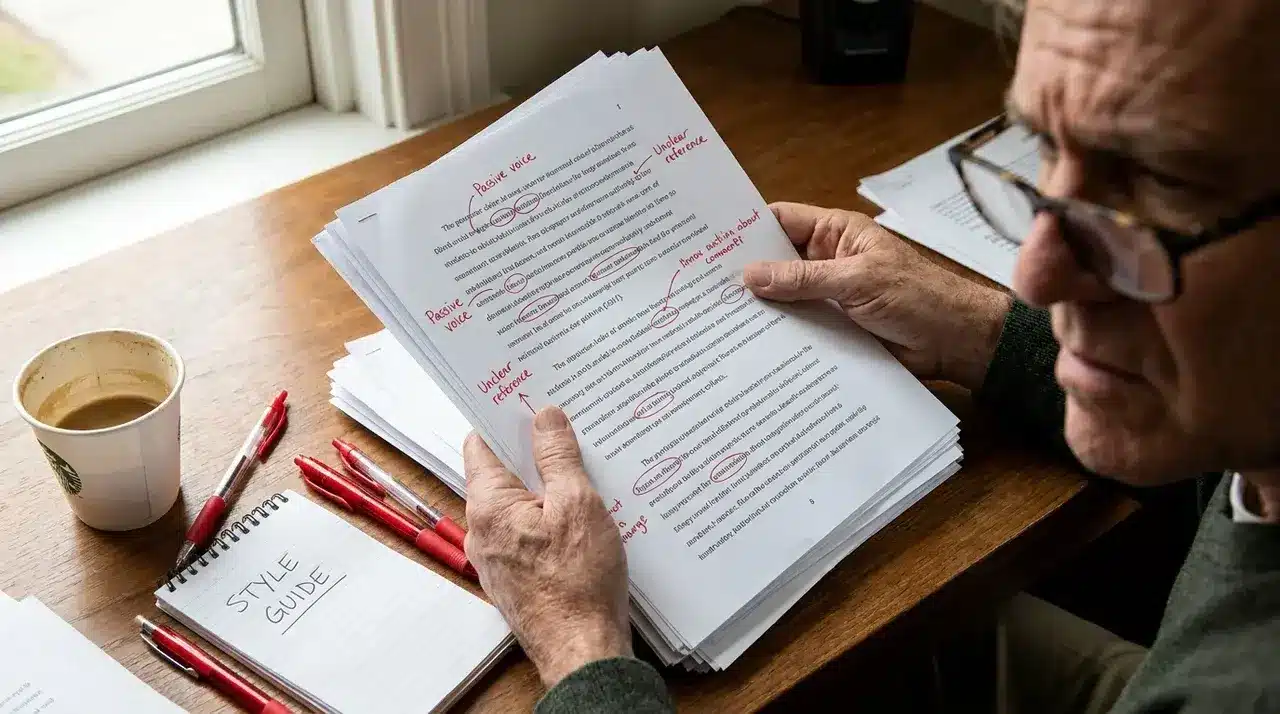Professor manually reviewing student papers, marking stylistic inconsistencies and unusual vocabulary to detect AI-generated content.