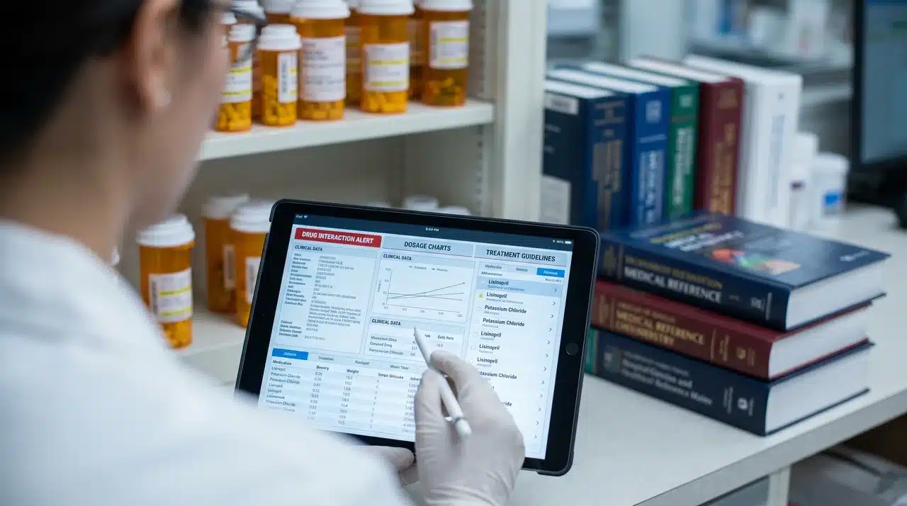Pharmacist reviewing drug interaction data and treatment guidelines on a clinical decision support app.