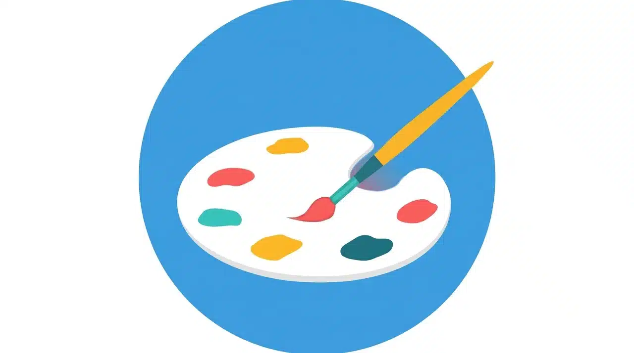 MyPaint app icon showing a white paint palette with colorful paint spots and a yellow-handled brush on a blue circular background