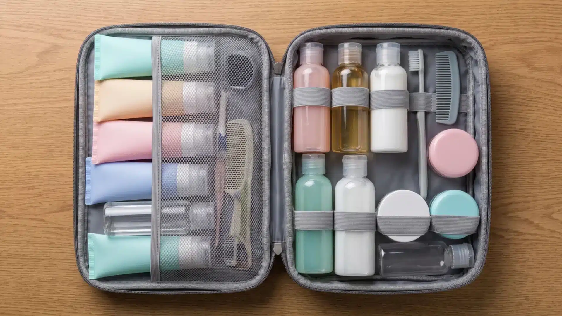 silicone and plastic travel toiletry bottles arranged inside a packing bag compartment