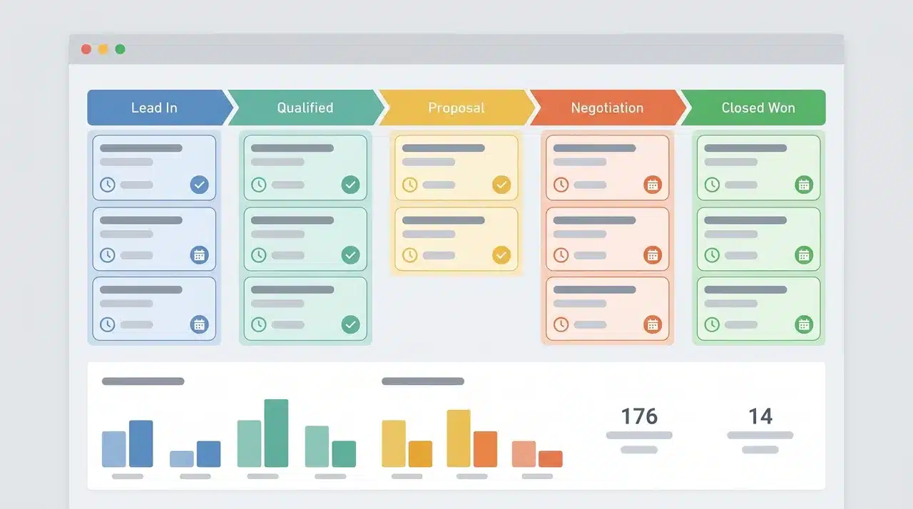 Bar chart and sales pipeline showing stages from Lead In to Closed Won with task details and timelines