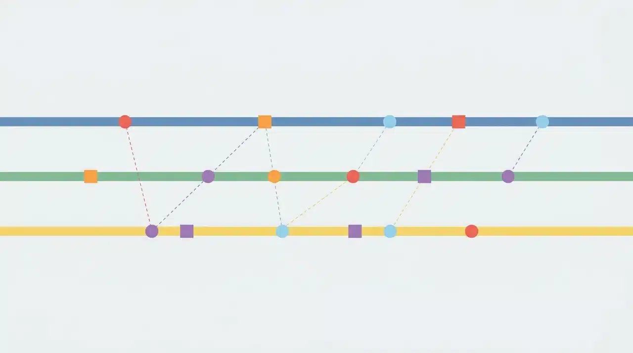 Horizontal story timeline with color-coded beat markers across multiple parallel plot tracks.