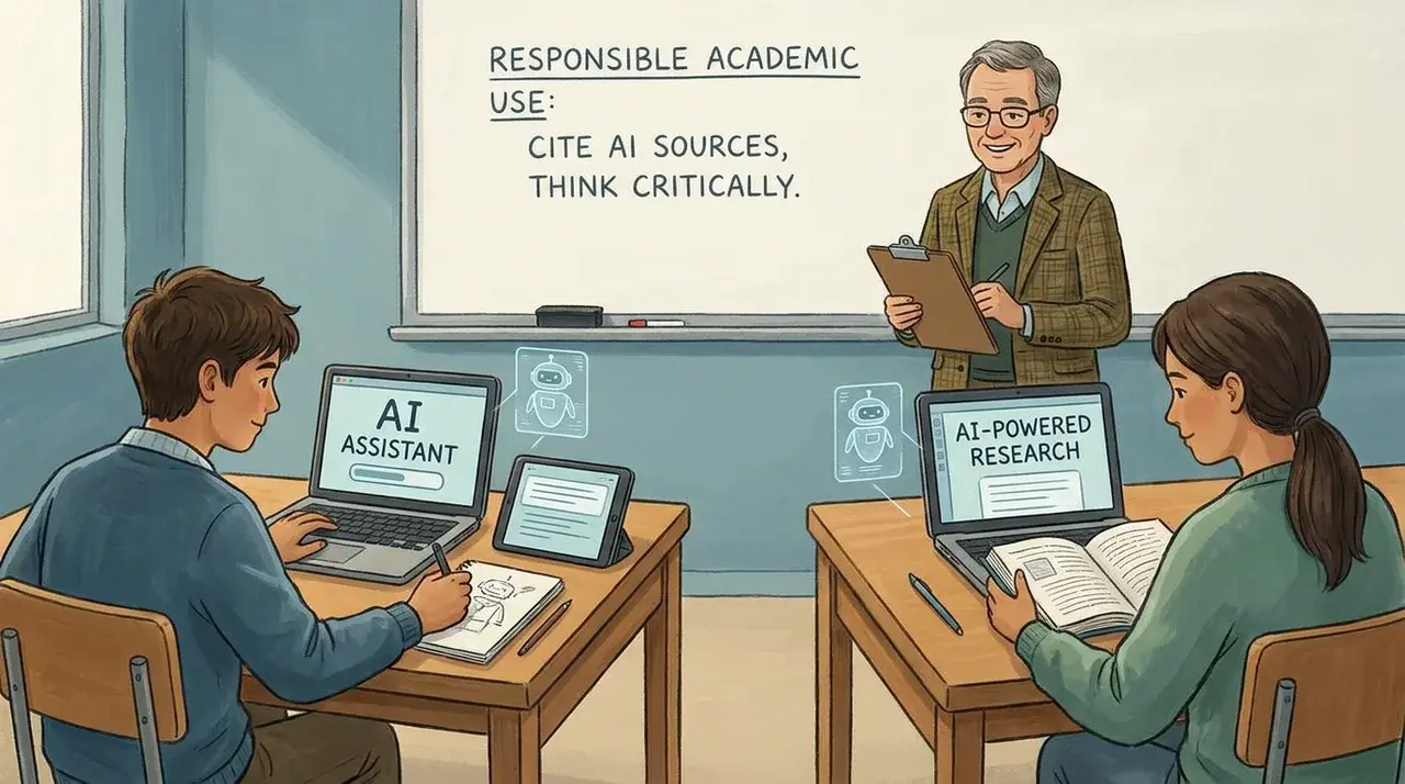 Students using AI tools responsibly while completing assignments, observed by a professor to ensure ethical and authentic academic work.