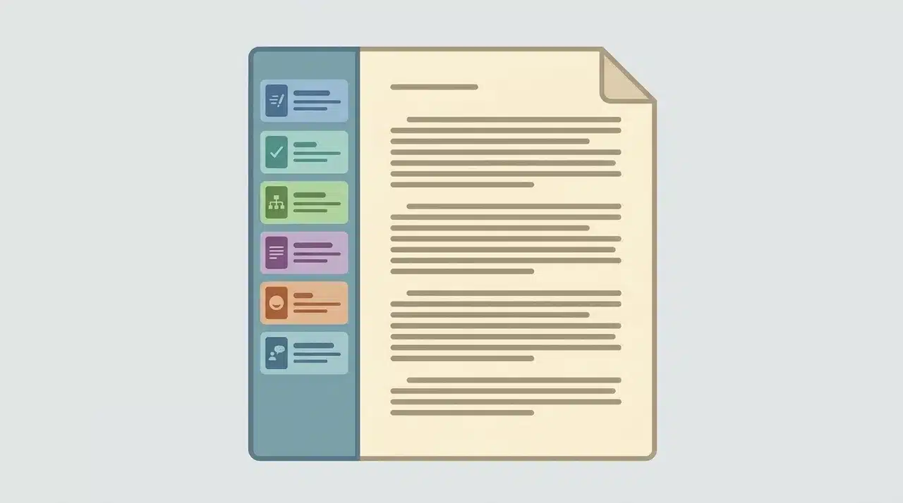 Full manuscript document with vertical sidebar showing multiple analysis category indicators.
