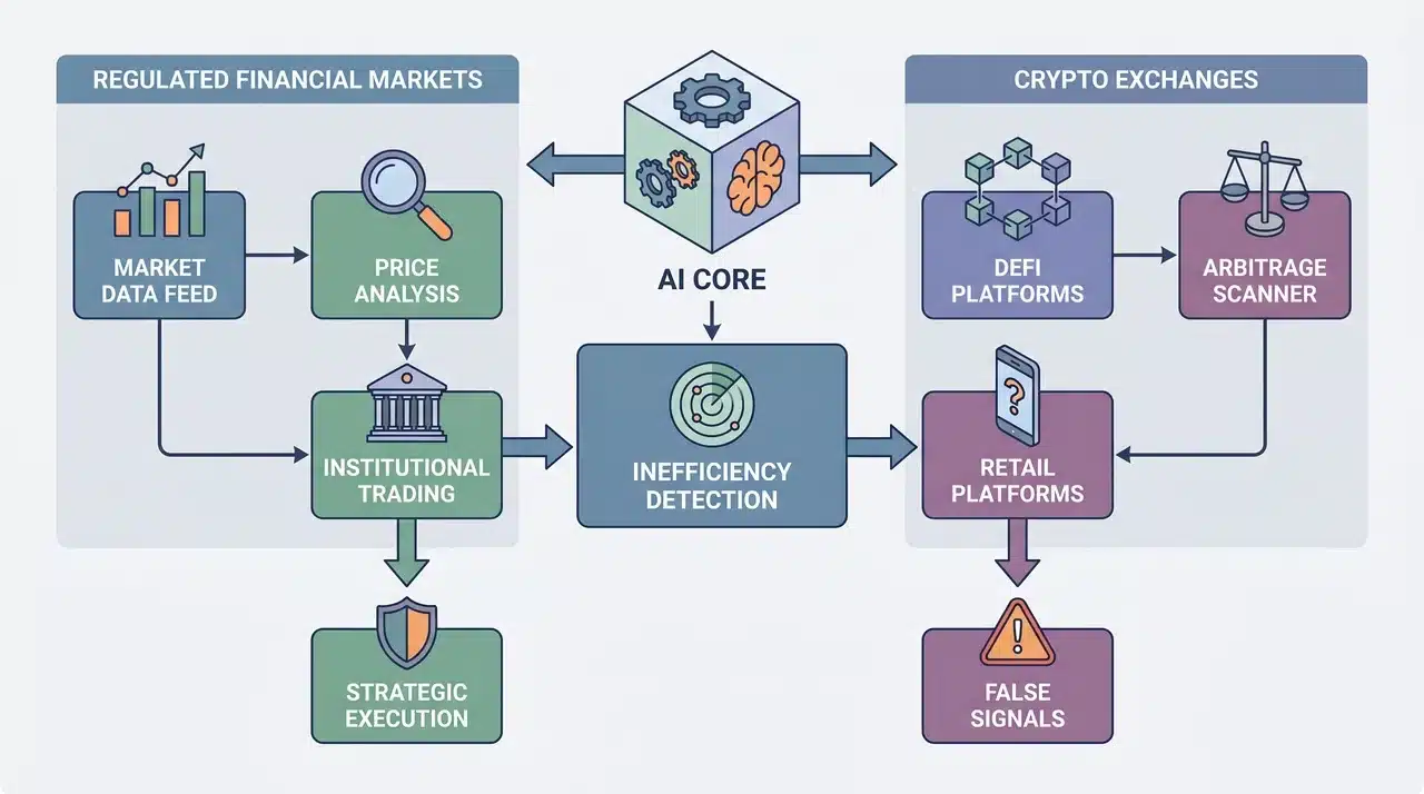 Diagram of AI spotting price inefficiencies in financial and crypto markets with scam warning