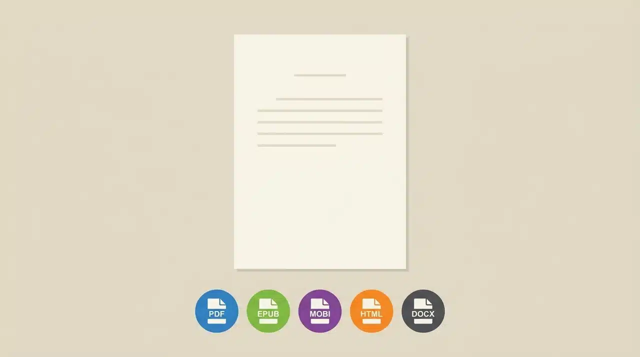 Manuscript page with export format icons arranged beneath indicating multiple output options.