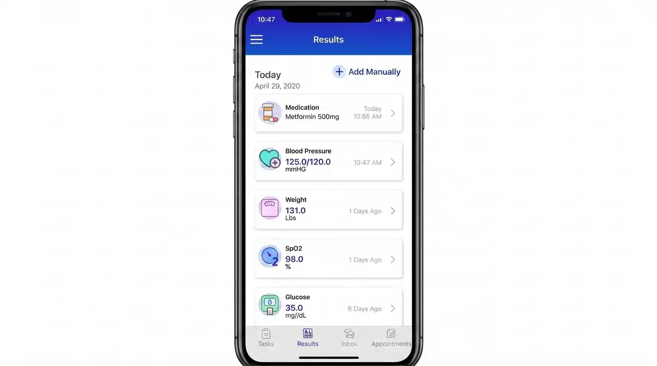 Remote patient monitoring app displaying real-time health data including medication tracking, blood pressure readings, weight, SpO2 levels, and glucose measurements — a core feature of chronic disease management in healthcare app development.