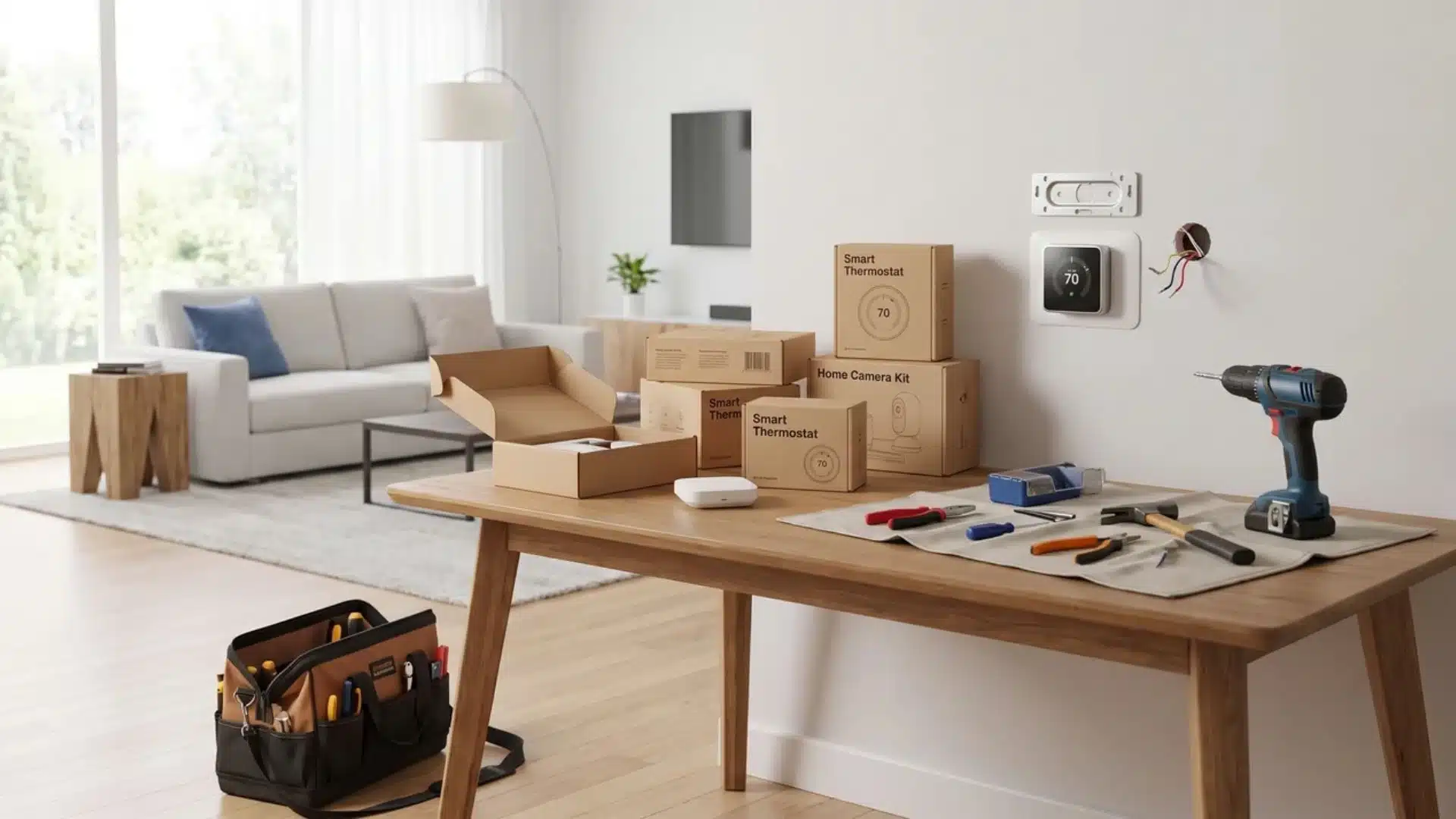 retail smart home devices being installed in a home setup