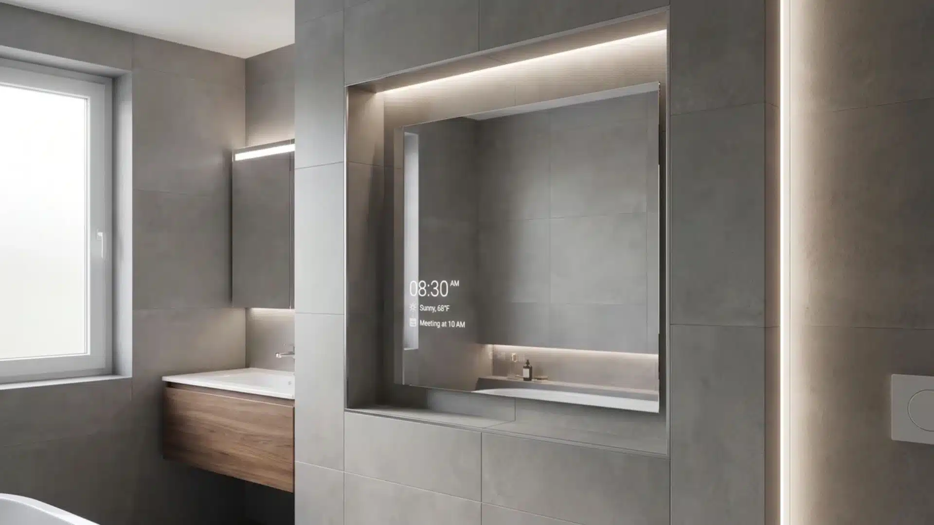 mirror with hidden display integrated into bathroom wall