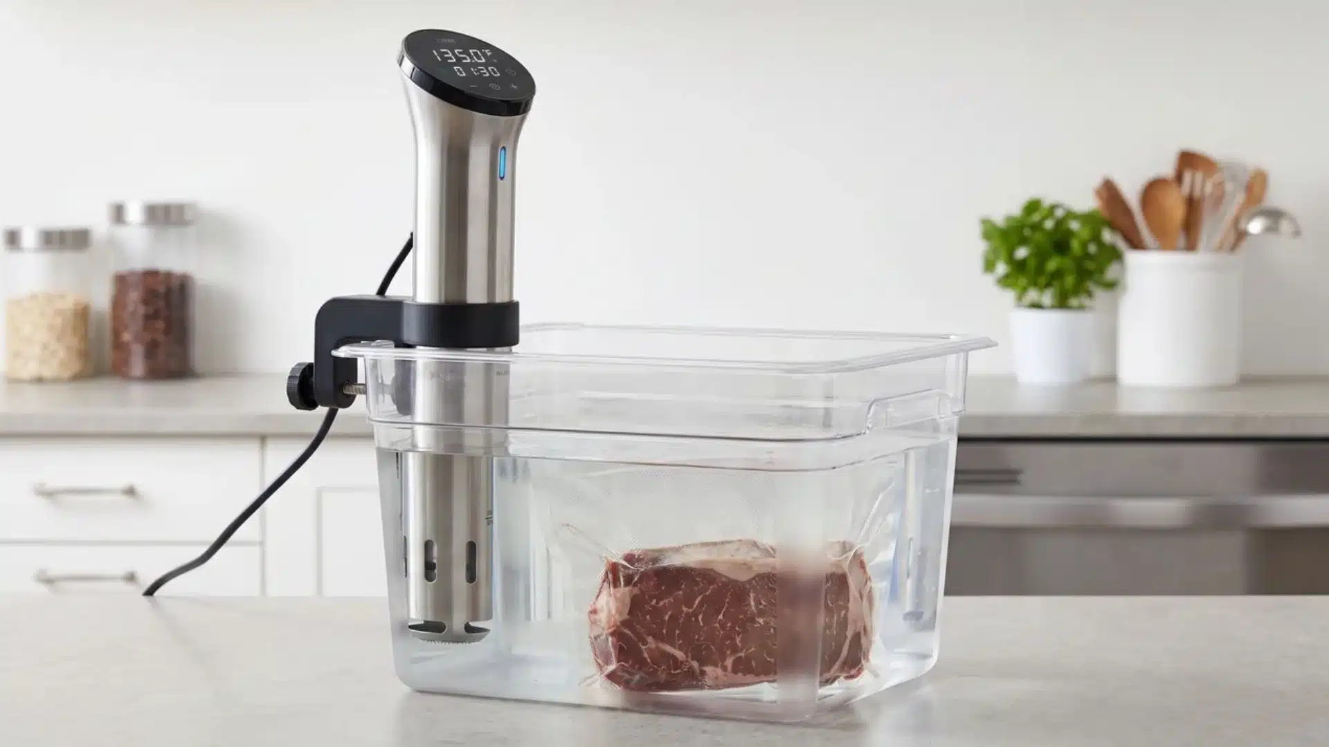 sous vide circulator in water bath for cooking