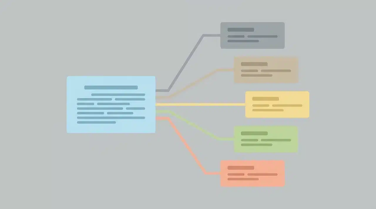 Scene paragraph with five branching lines each connecting to a separate text block.
