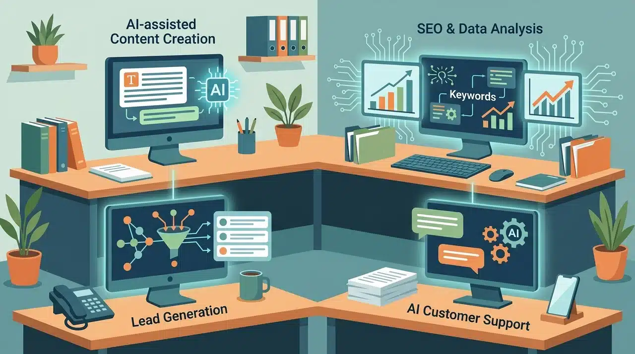 Agency team using AI tools to deliver copywriting, SEO, lead generation, and support services