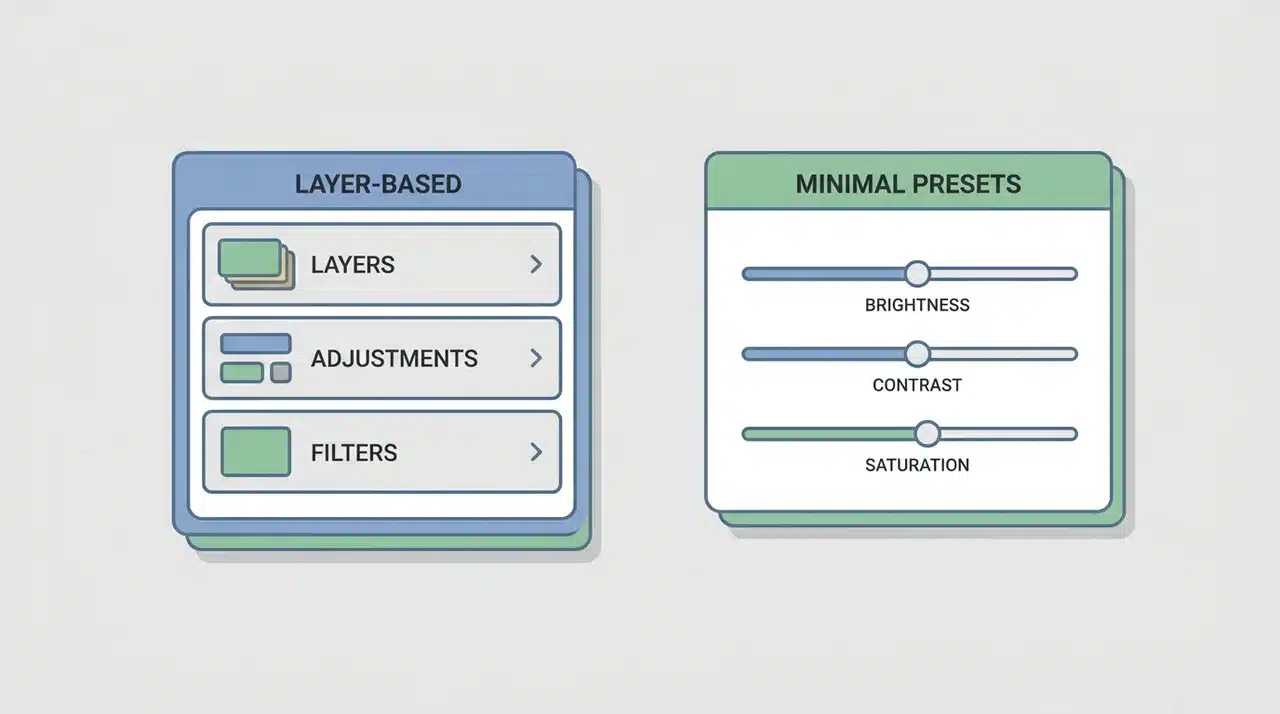 Two editing interface layouts side by side, one with layers panel, one with minimal preset sliders