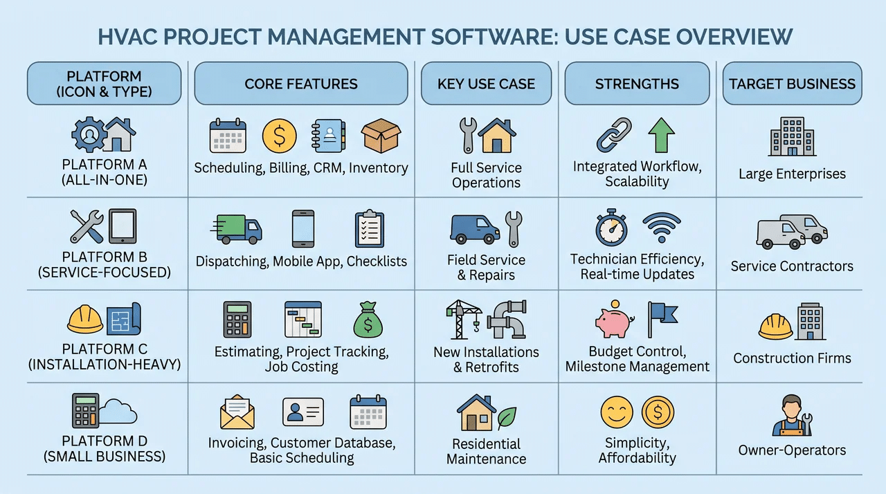 Comparison of HVAC software platforms with features and target business use cases