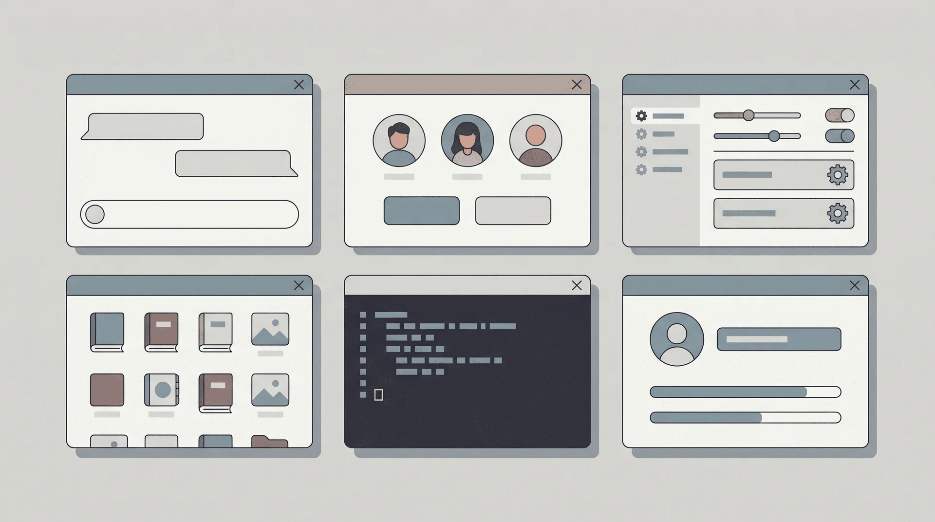 Six stylized browser windows in a grid showing varied AI chat interface layouts on a grey surface