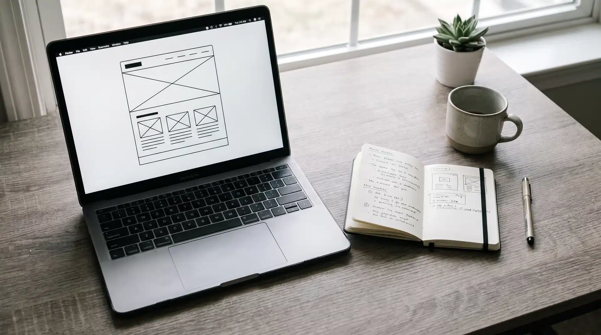 Developer workspace from above with a laptop displaying a UI wireframe and a notebook with handwritten notes.