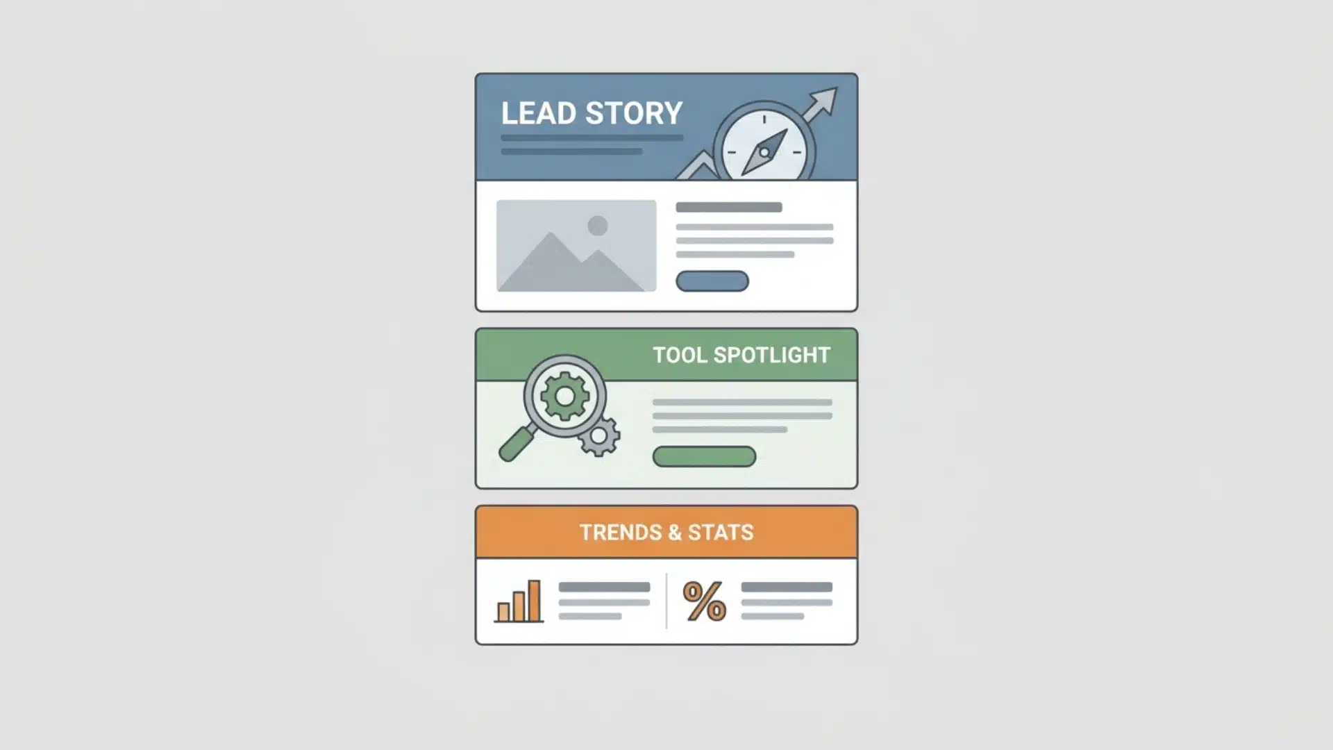 stacked newsletter blocks showing lead story, tool spotlight, and trends sections