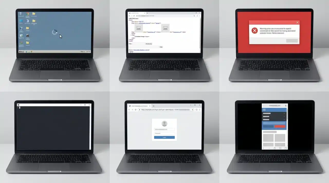 Six laptop screens arranged in a grid each displaying a different software error state