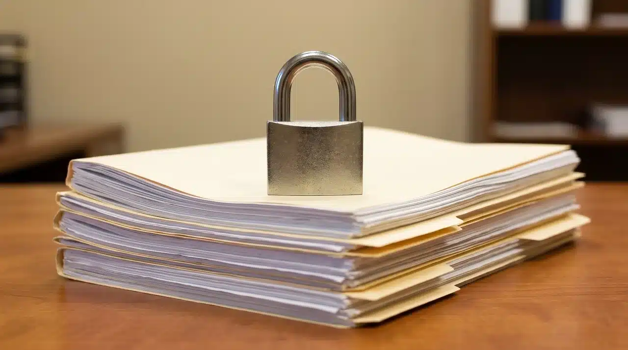 Padlock placed on legal documents representing data privacy risks in AI legal tools