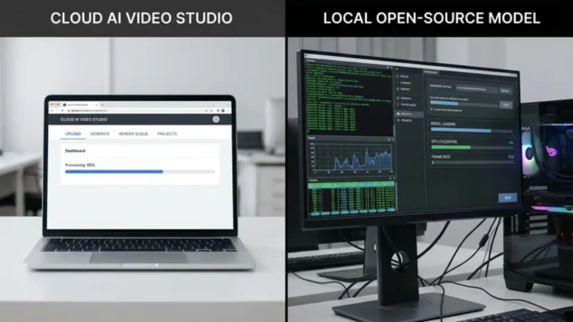Split view of cloud AI video platform and local GPU workstation with readable interface text, showing two workflows