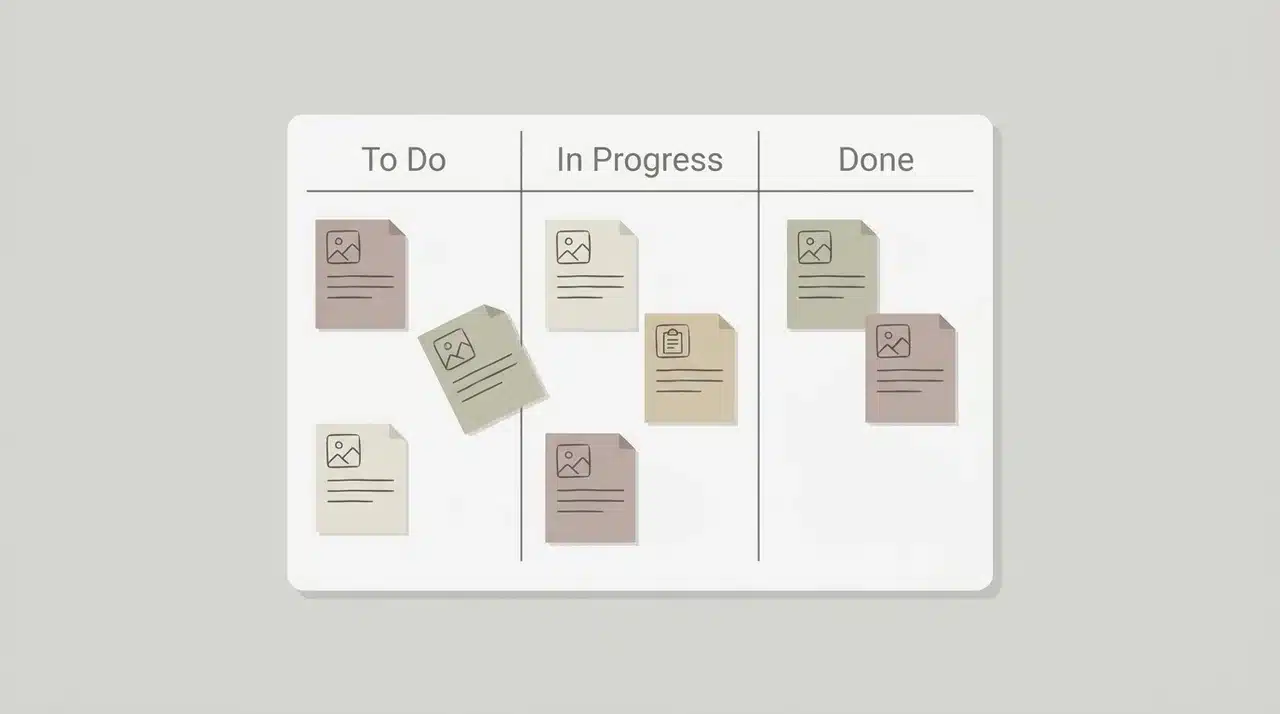 Kanban board with three columns and task cards at varying stages, one card mid-transition between columns