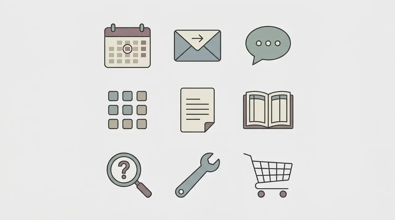 Nine flat icons in a grid representing scheduling, inbox, customer service, social media, writing, bookkeeping, research, technical work, and e-commerce