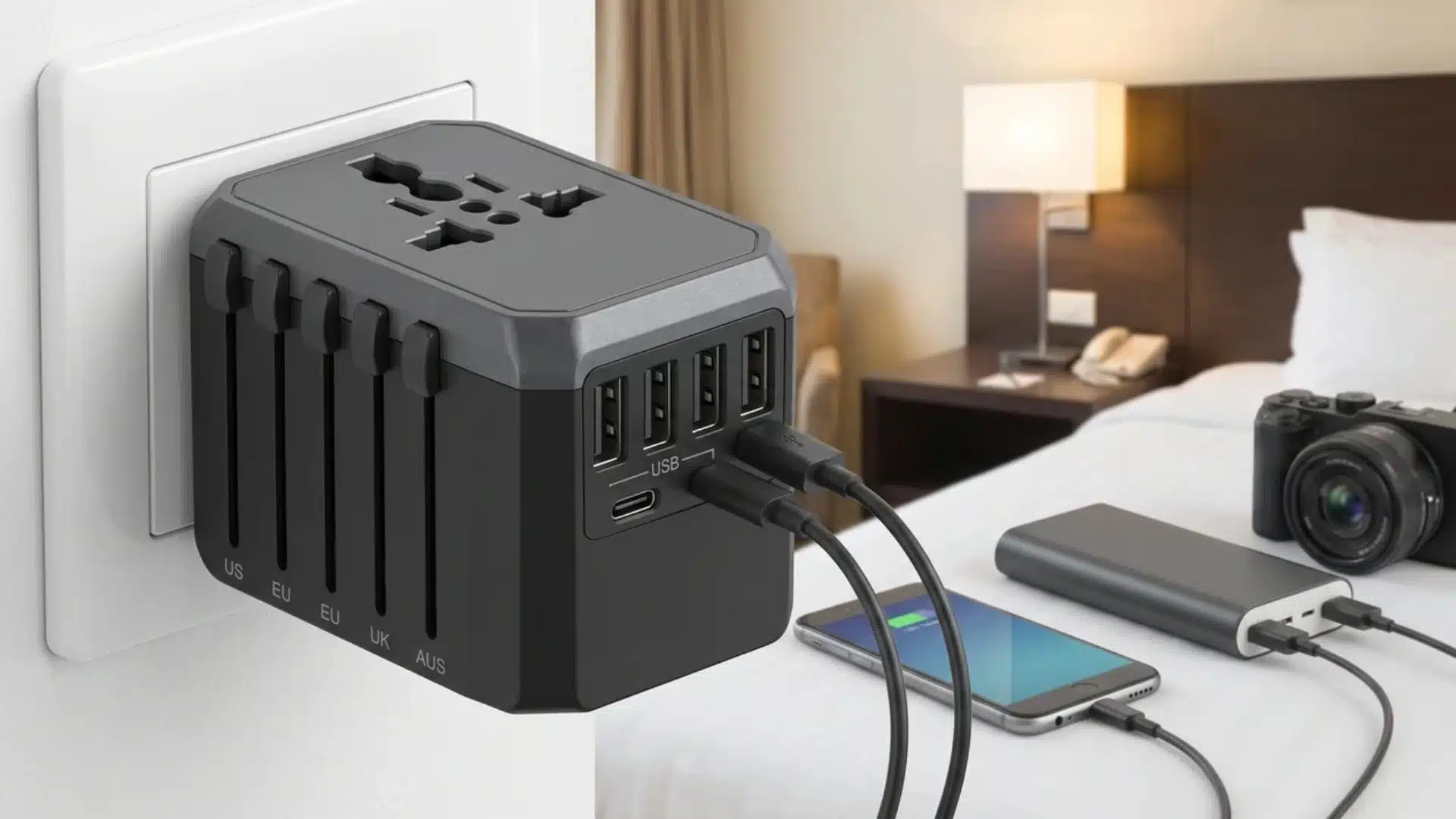 universal travel adapter with multiple plug types and USB charging ports connected to devices