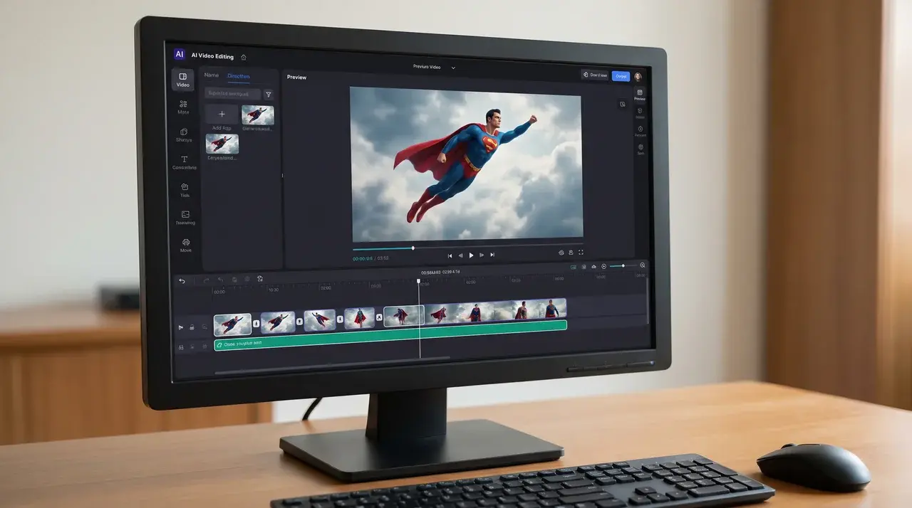 computer screen with AI video generator showing a flying hero clip