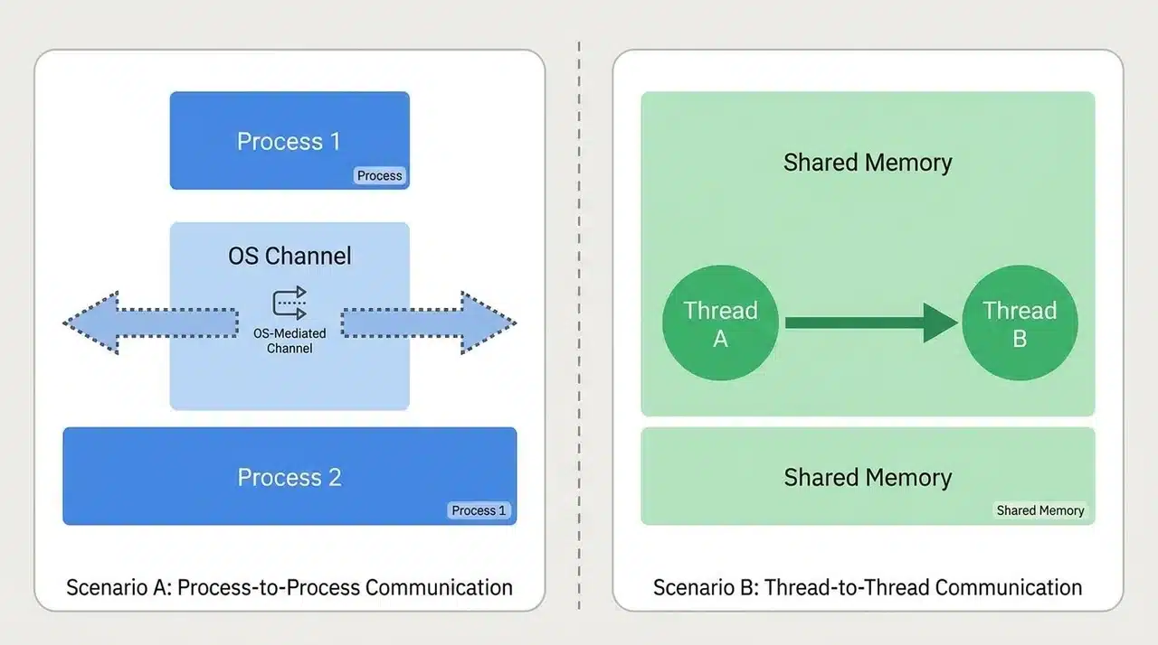 Diagram comparing inter-process communication through an OS channel versus two threads accessing shared memory directly