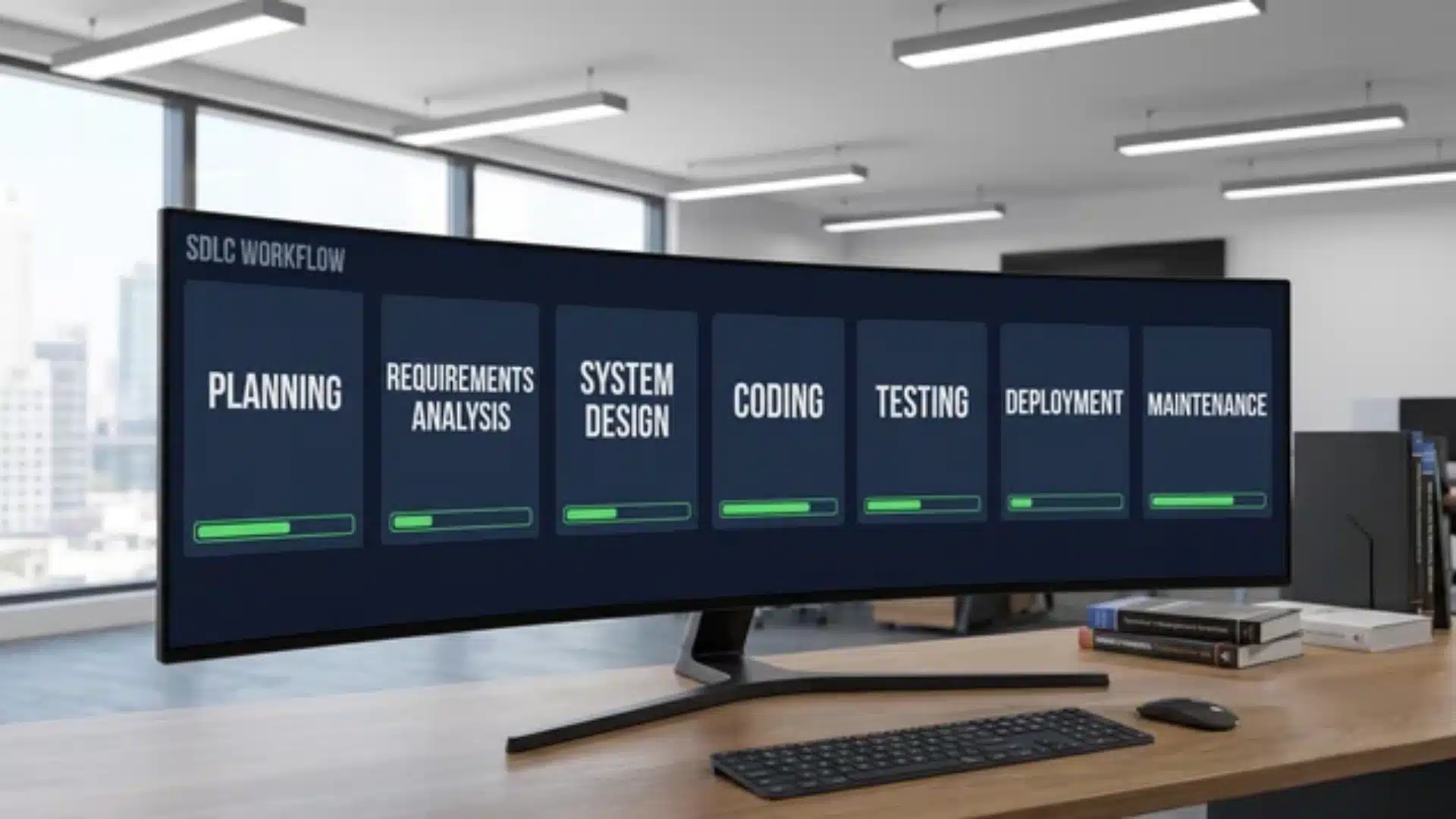 SDLC workflow dashboard with large readable labels for planning, design, coding, testing, deployment, and maintenance stages