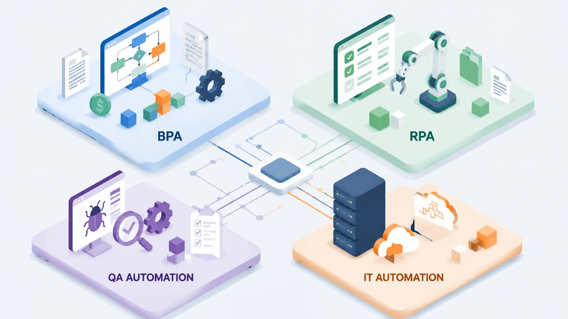 four system blocks representing different types of software automation in a structured layout