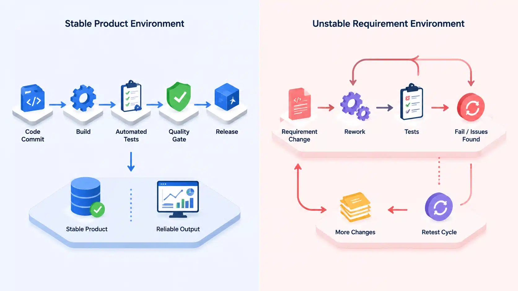 Split diagram contrasting smooth QA pipeline flow in stable product versus looping retest cycles in unstable environment